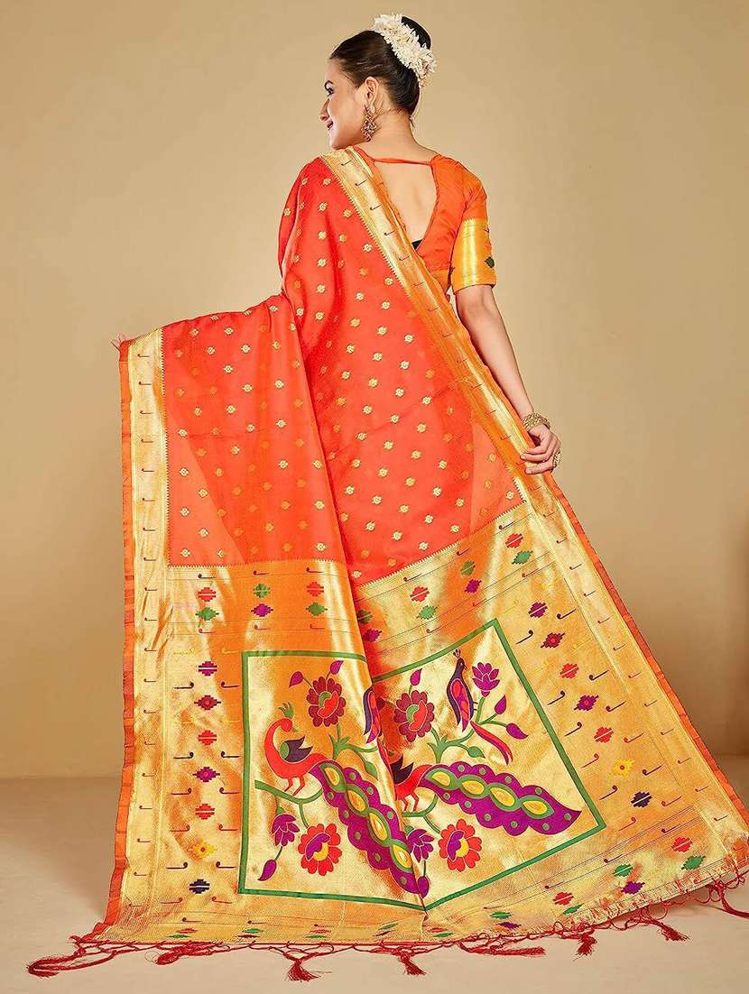Orange Self Design Paithani Saree With Blouse - 20175618 -  Standard Image - 3
