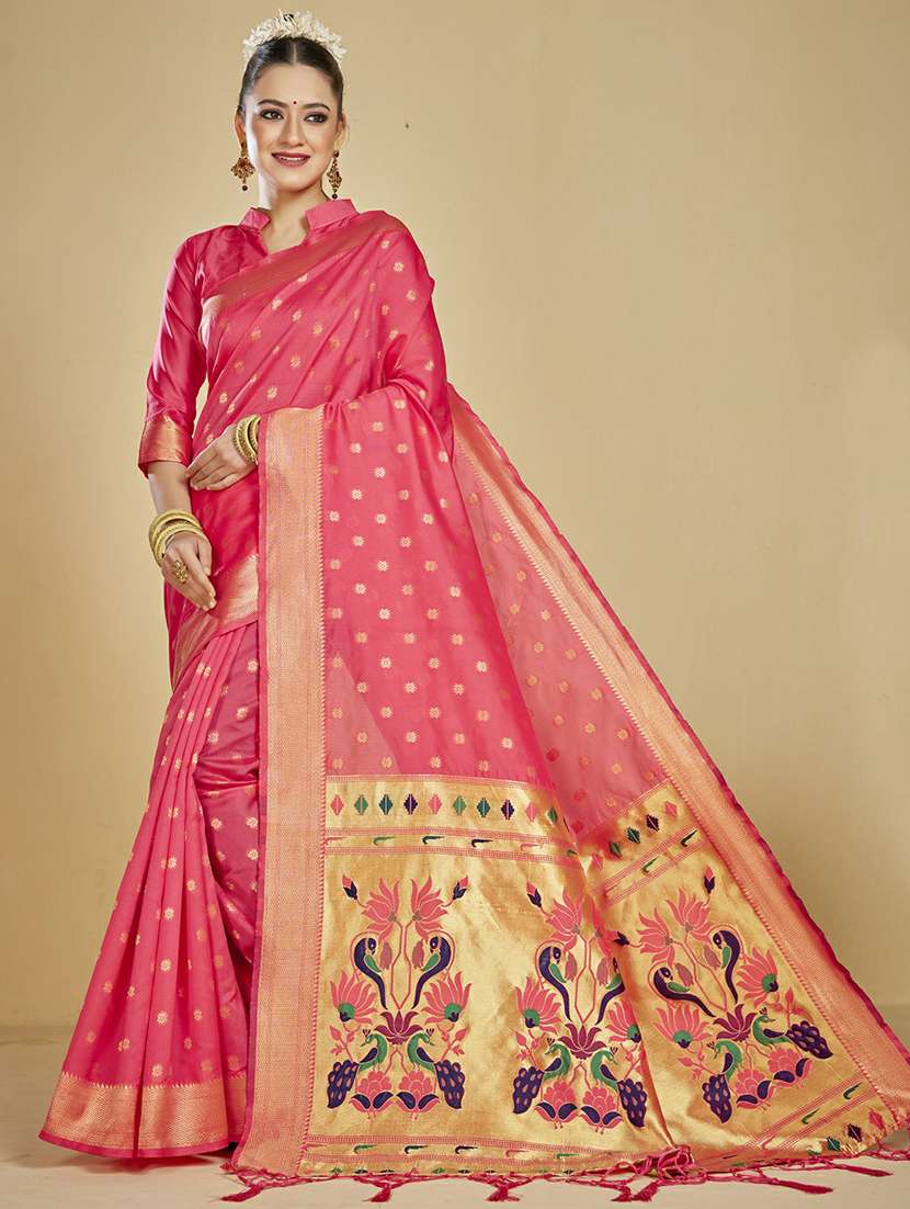 pink self design paithani saree with blouse