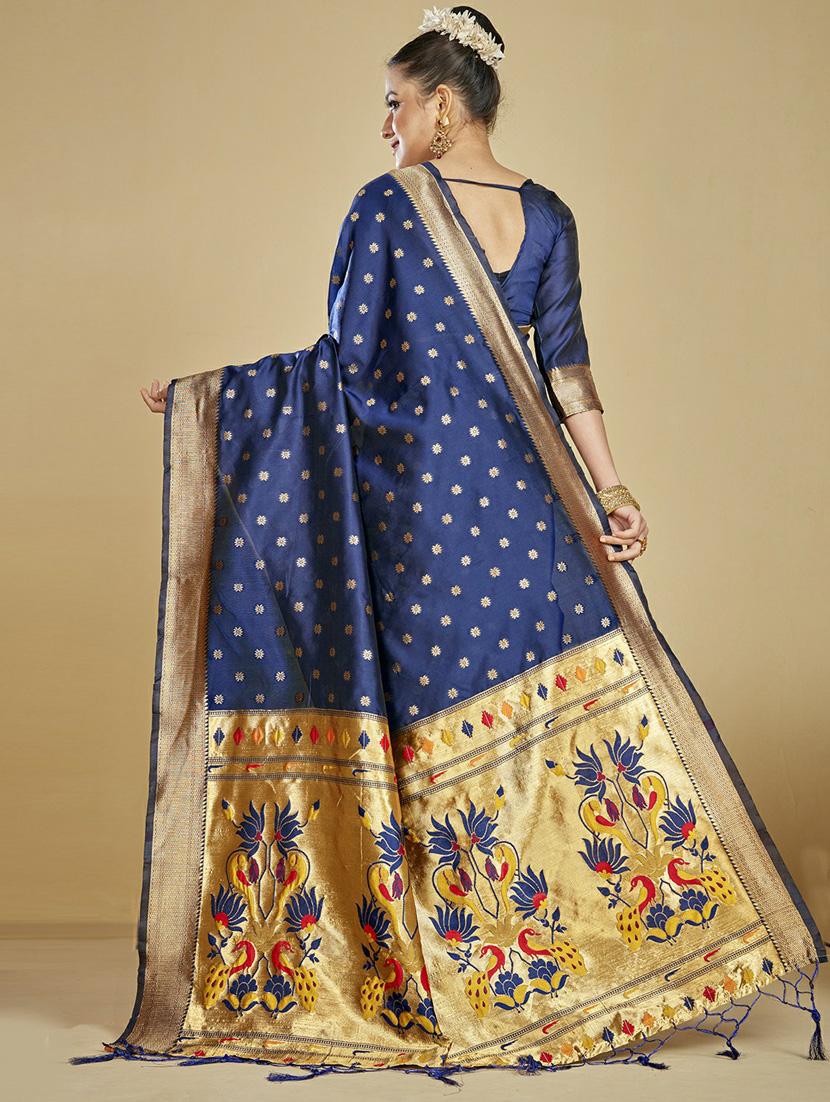 dark blue self design kanjivaram saree with blouse - 20175631 - Standard Image - 3