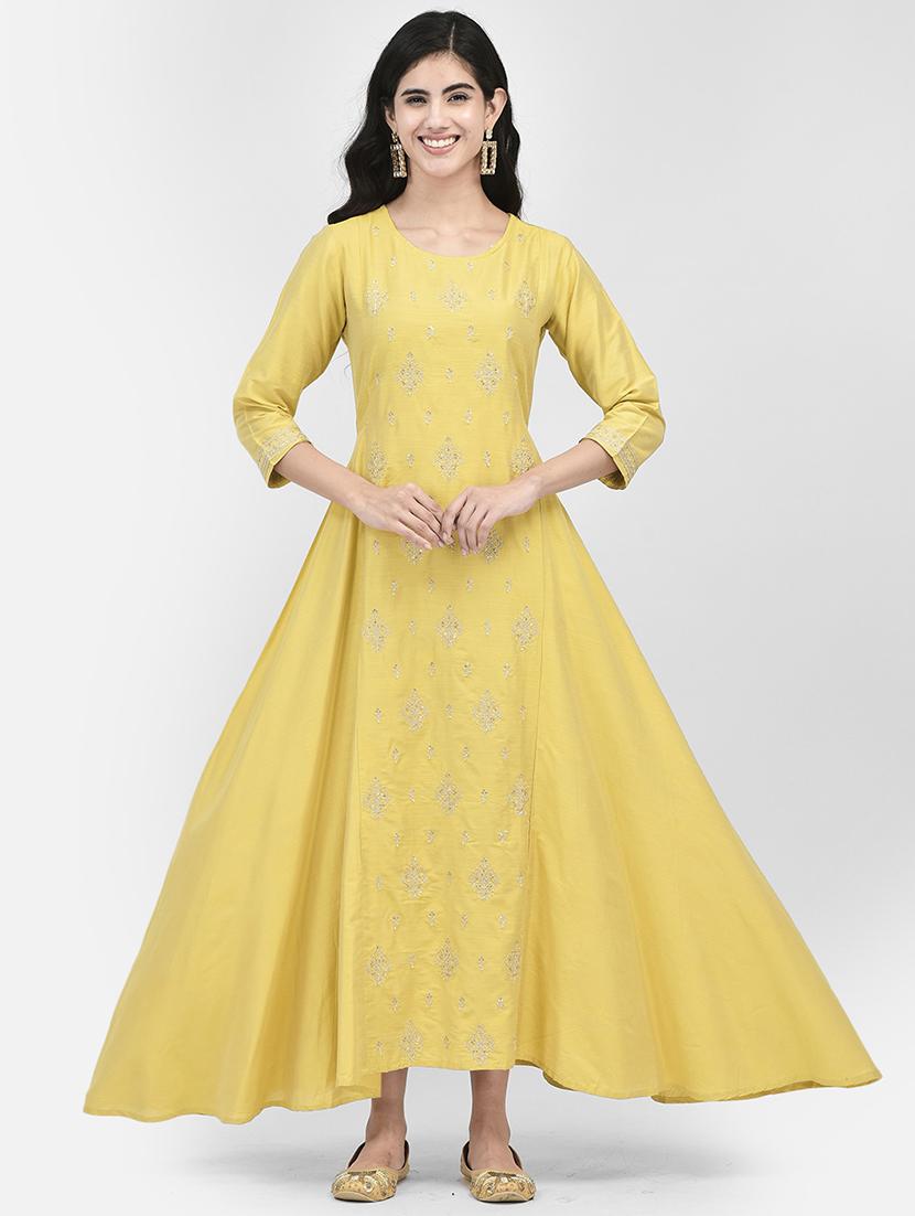 yellow solid round neck a-line ethnic dress - 20178356 - Zoom Image - 0