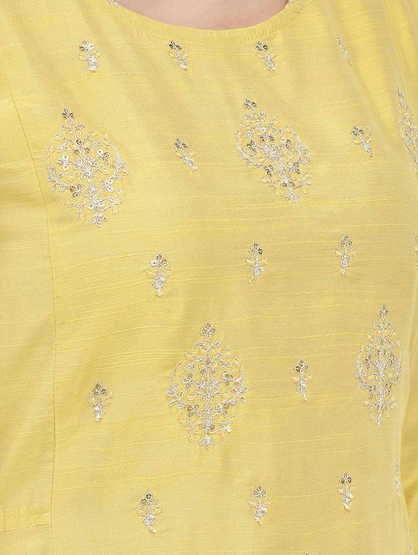 yellow solid round neck a-line ethnic dress - 20178356 - Standard Image - 3
