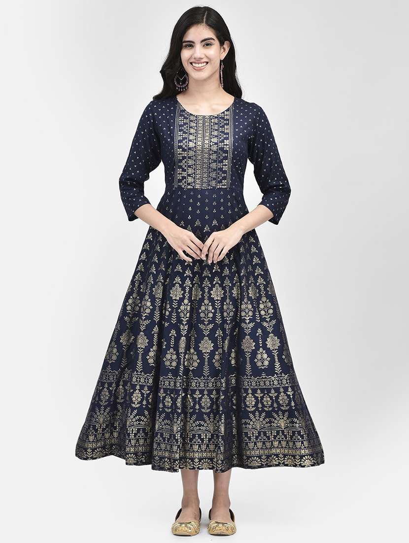round neck foil printed a-line ethnic dress