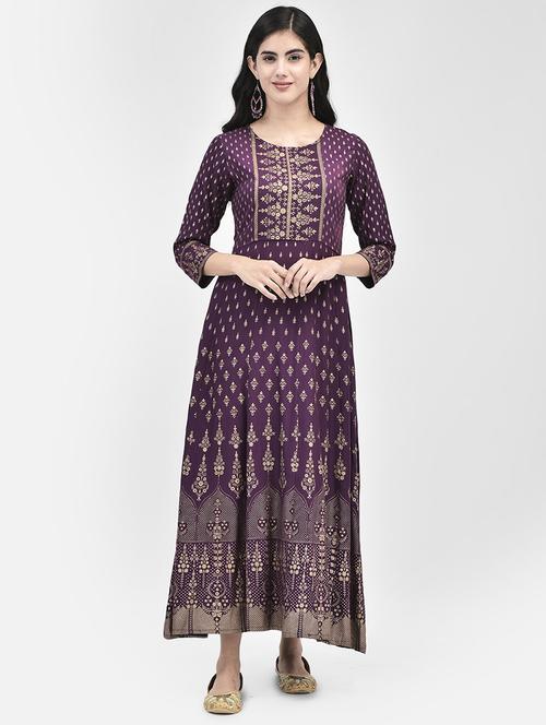 round neck foil printed a-line ethnic dress - 20178359 - Standard Image - 0