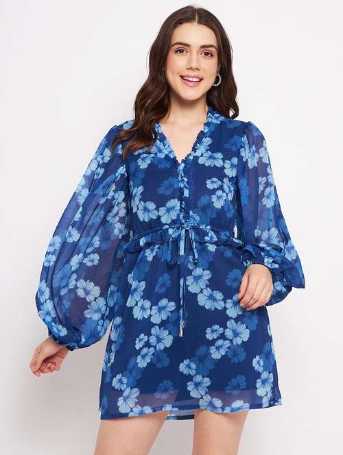 navy blue floral print puff sleeves a-line dress - 20178537 -  Standard Image - 0