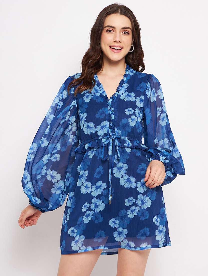 navy blue floral print puff sleeves a-line dress
