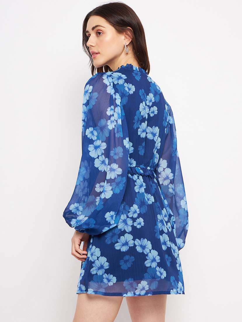 navy blue floral print puff sleeves a-line dress - 20178537 -  Standard Image - 3