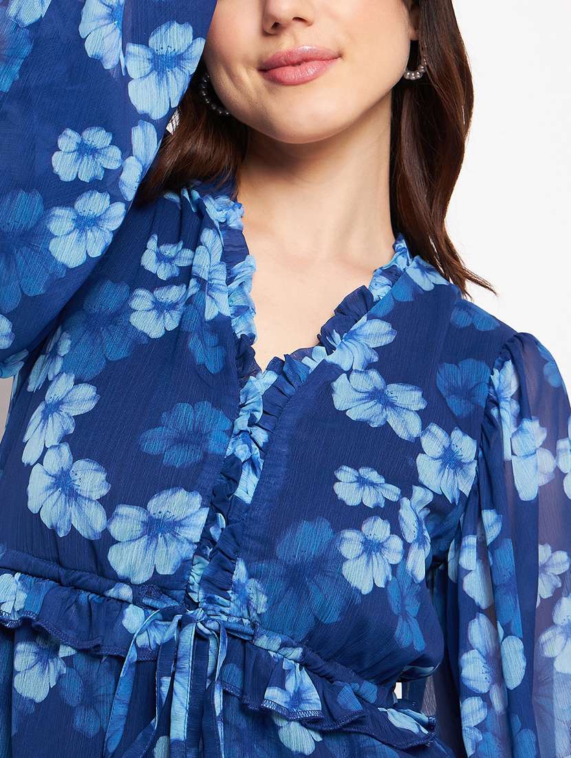 navy blue floral print puff sleeves a-line dress - 20178537 -  Standard Image - 5