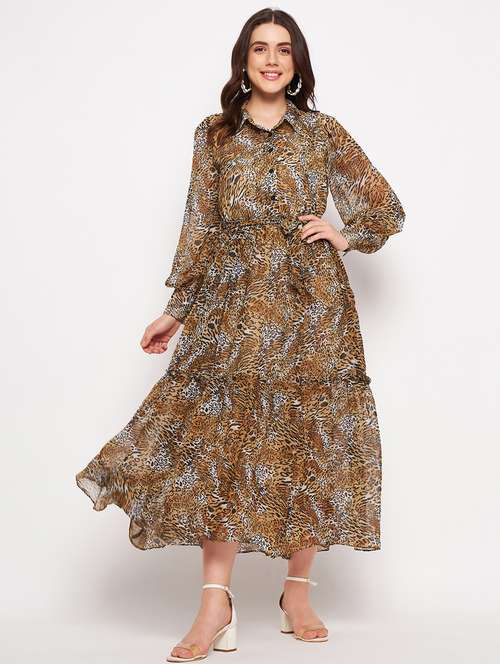 beige animal print bishop sleeves tiered dress - 20178542 -  Standard Image - 0