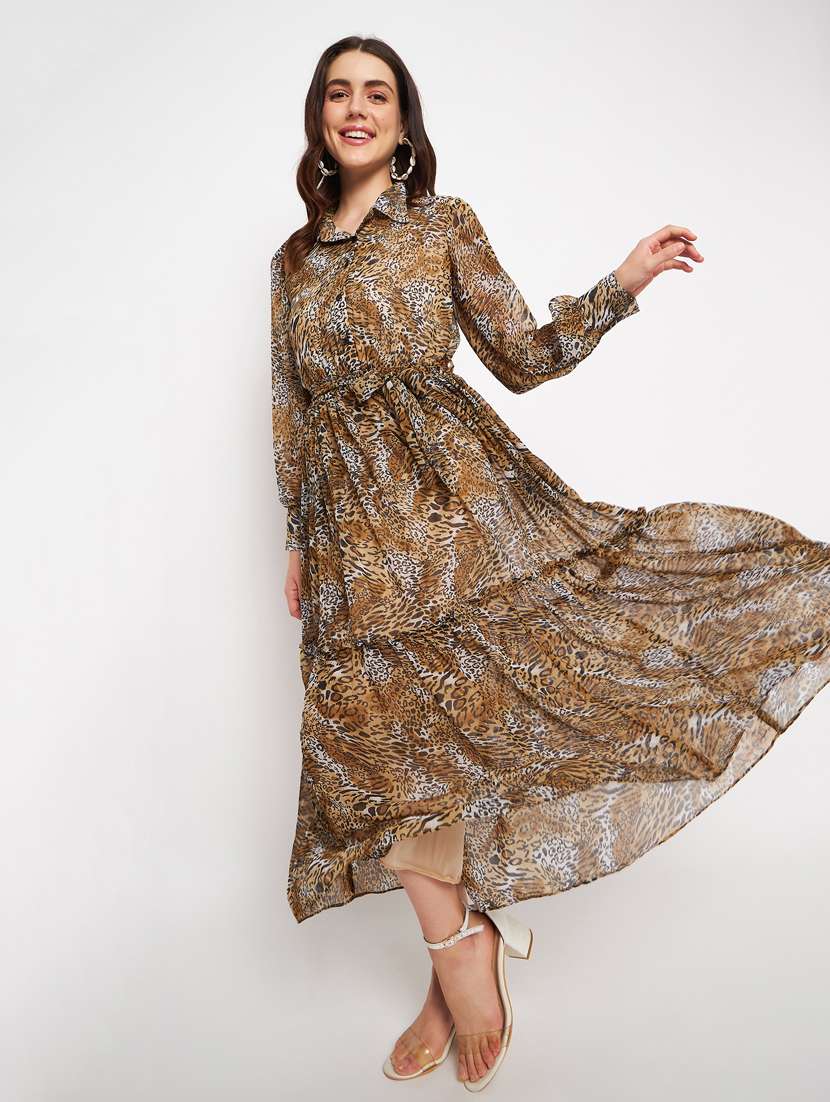 beige animal print bishop sleeves tiered dress - 20178542 -  Standard Image - 3