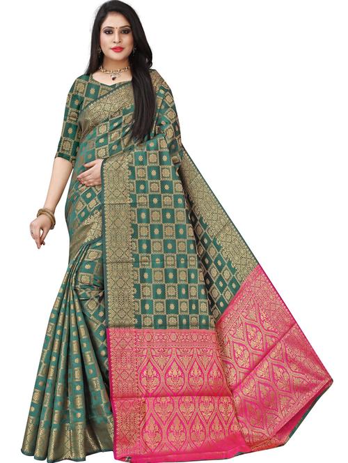 dark green self design banarasi saree with blouse - 20178591 -  Standard Image - 0