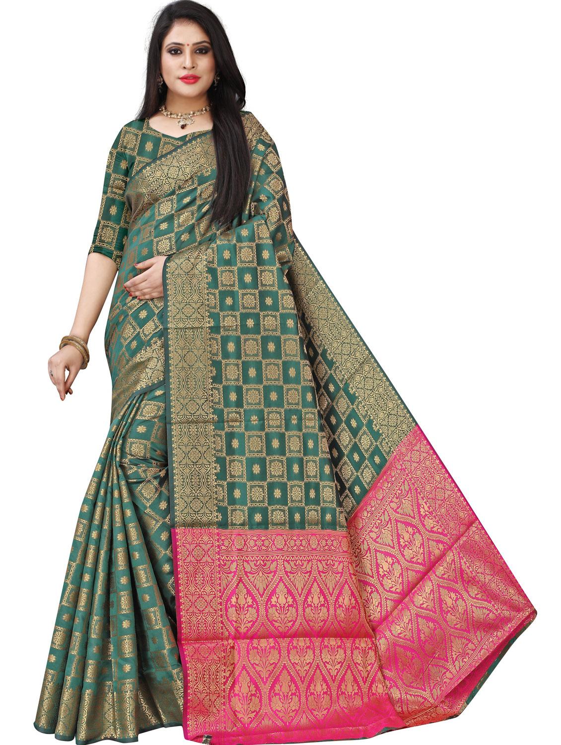 dark green self design banarasi saree with blouse - 20178591 -  Zoom Image - 0