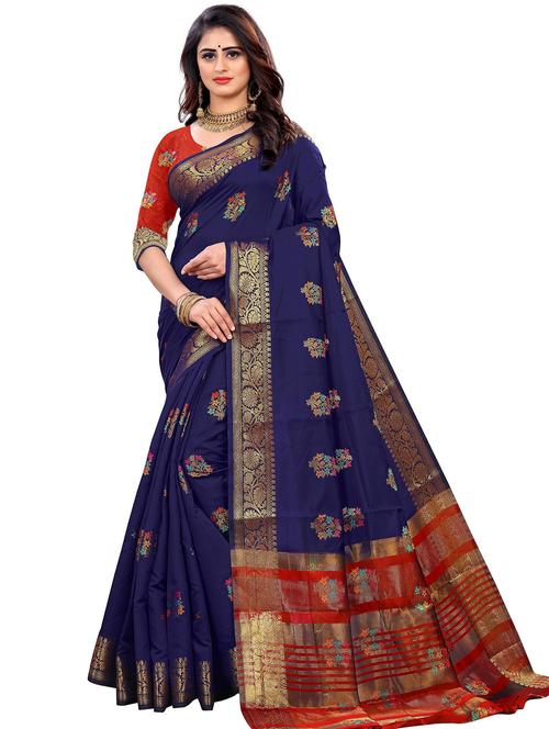 dark blue silk blend banarasi saree with blouse - 20178616 - Standard Image - 0