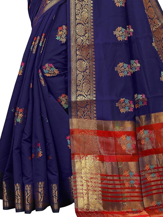 dark blue silk blend banarasi saree with blouse - 20178616 - Standard Image - 3