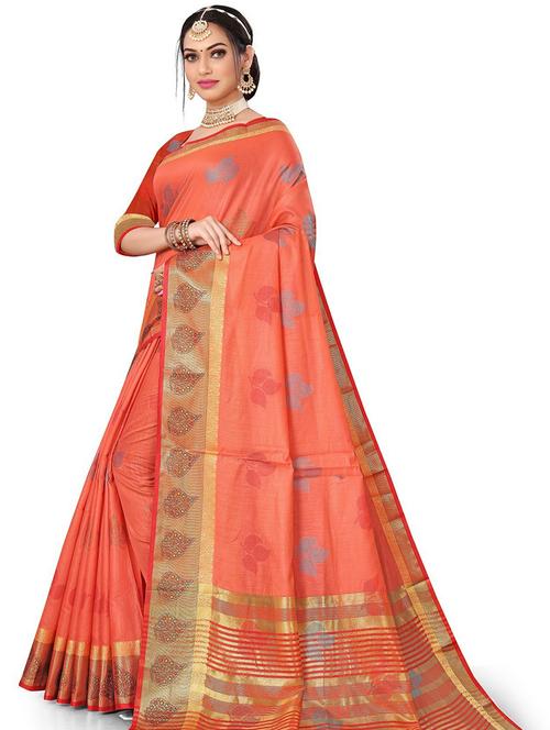 orange self design woven saree with blouse - 20178623 - Standard Image - 0