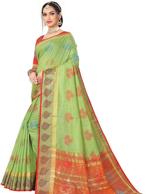 light green cotton handloom saree with blouse - 20178626 - Standard Image - 0