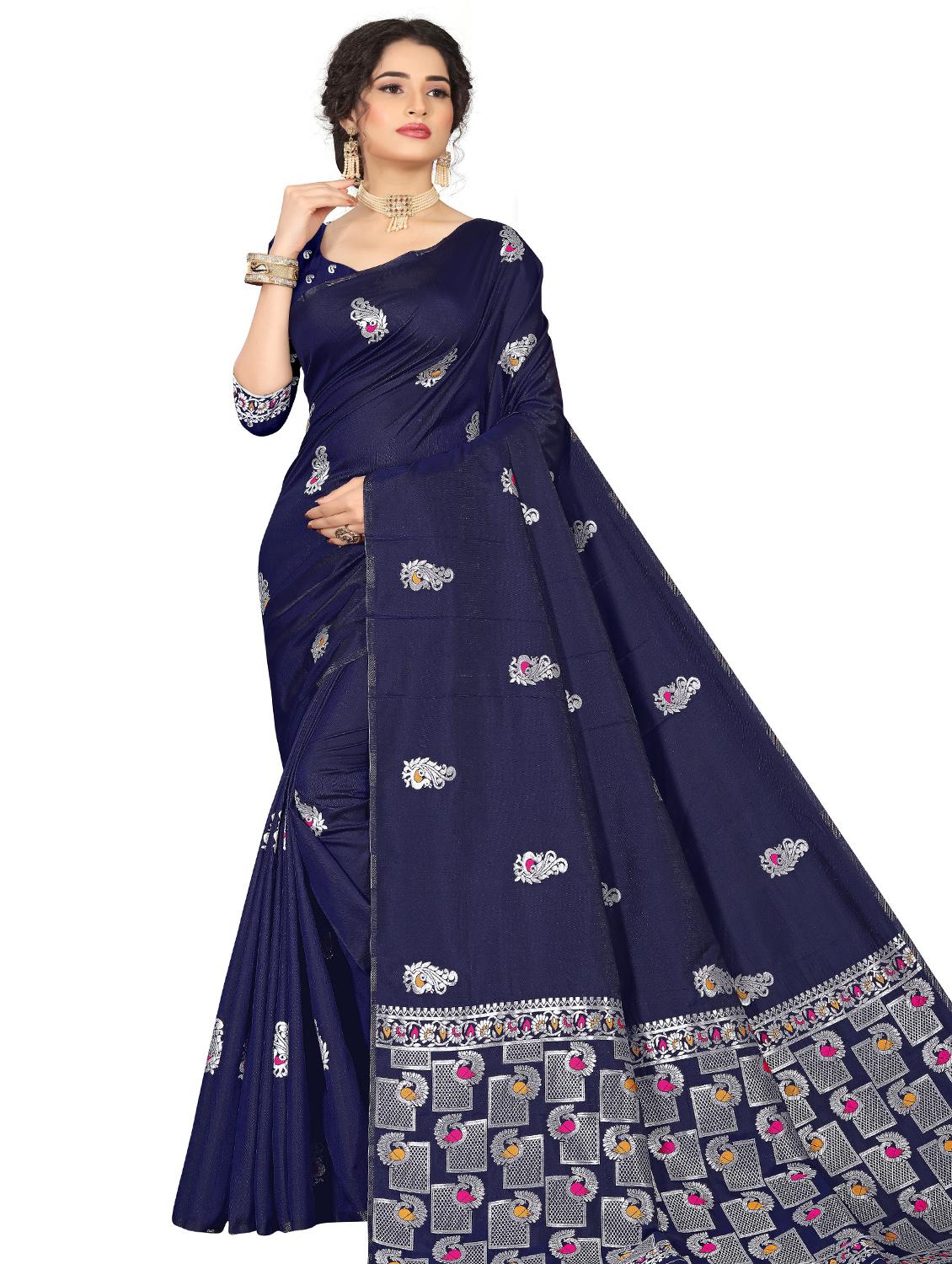 dark blue self design woven saree with blouse - 20178632 -  Zoom Image - 0