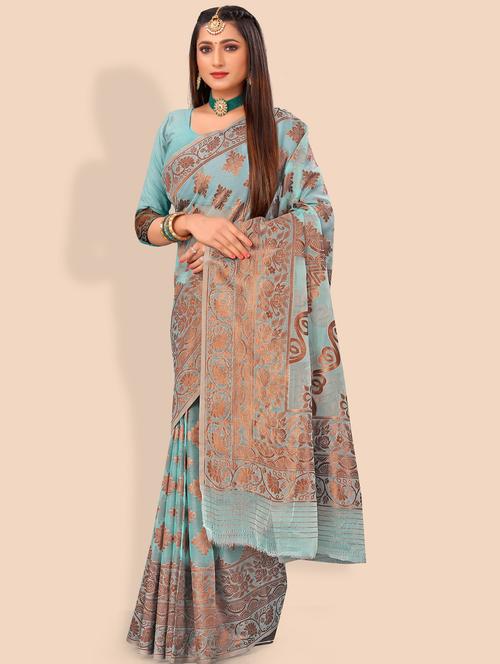 blue self design woven saree with blouse - 20178654 - Standard Image - 0