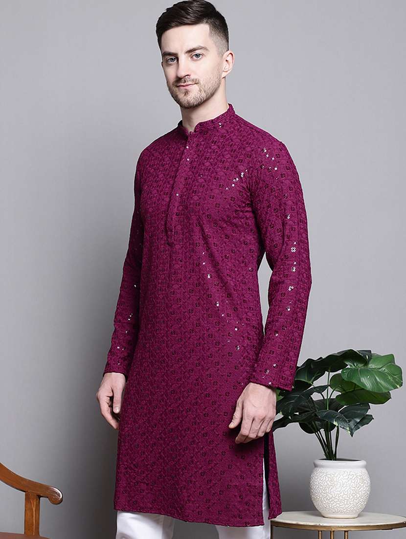 men solid with work mandarin neck long kurta - 20182042 -  Zoom Image - 0
