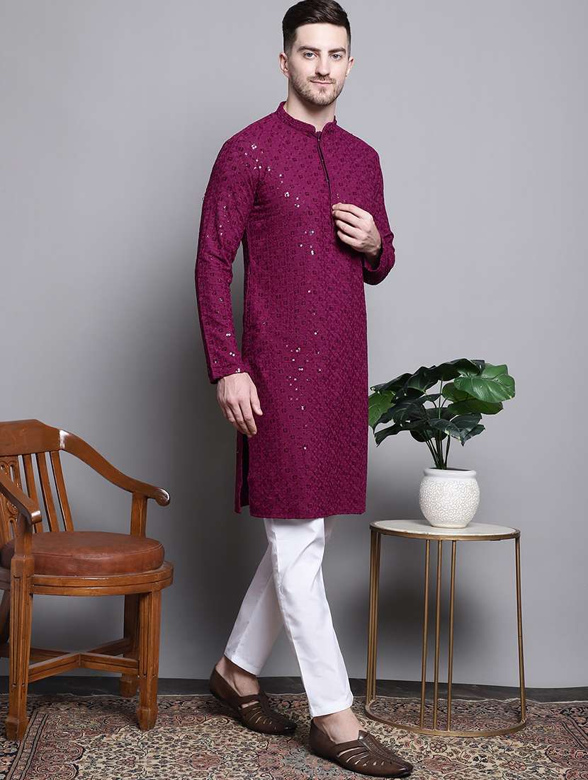 men solid with work mandarin neck long kurta - 20182042 -  Standard Image - 3