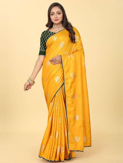 yellow dola silk foil printed saree with blouse - 20182100 - Standard Image - 0