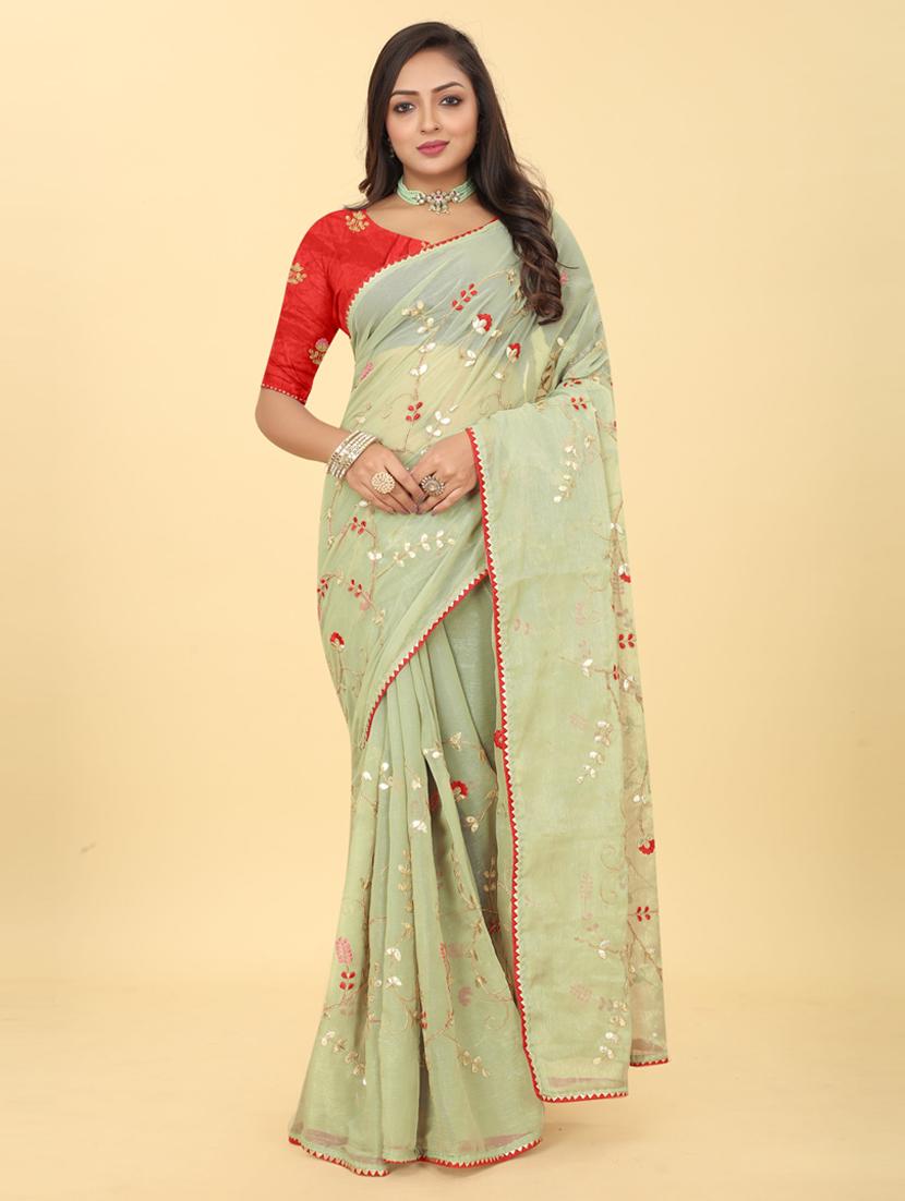 light green embroidered saree with blouse - 20182110 - Zoom Image - 0
