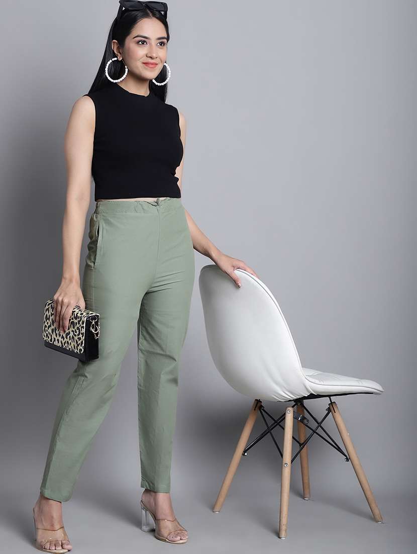 green solid straight ankle length pant - 20183573 -  Standard Image - 3