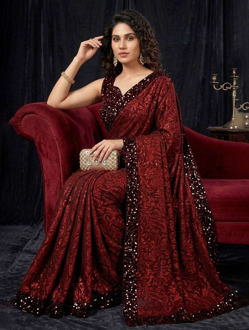 women's velvet embellished saree with blouse - 20183631 -  Standard Image - 3