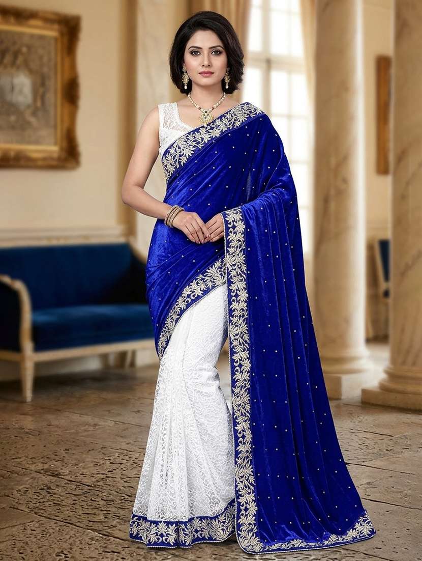 white & blue self design velvet saree with blouse