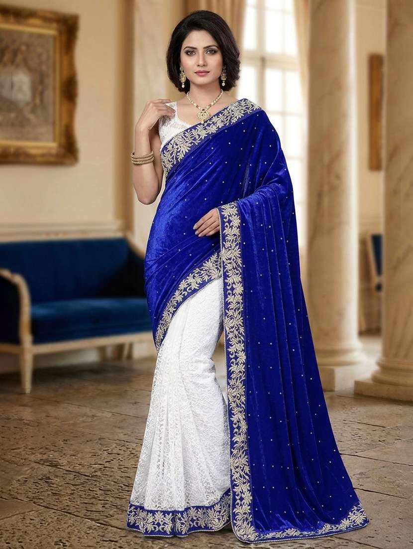 white & blue self design velvet saree with blouse - 20183633 -  Standard Image - 3