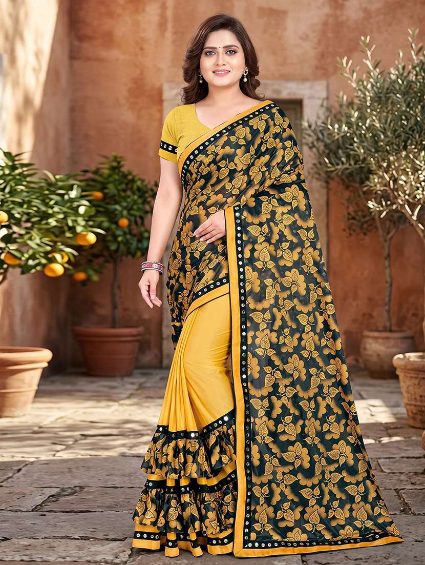 women's self design mustard colored saree with blouse