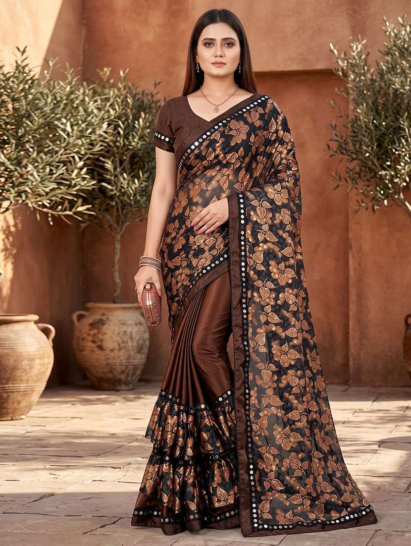 women's self design brown colored saree with blouse