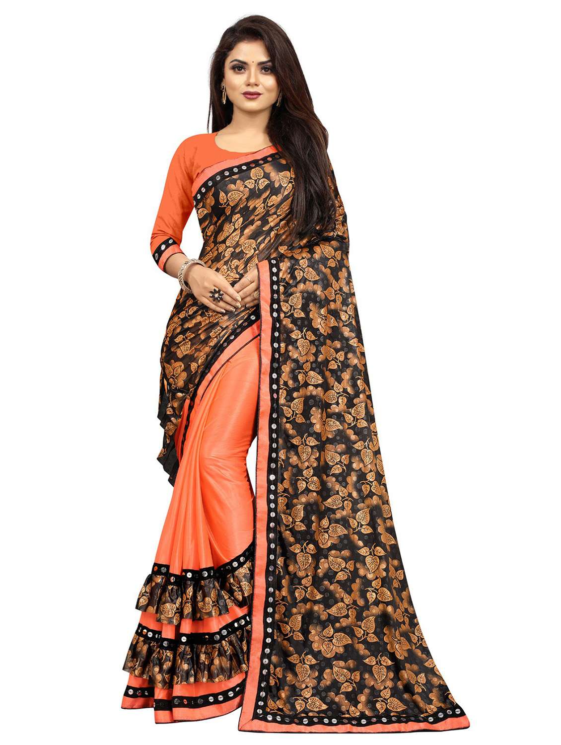 women's self design orange colored saree with blouse
