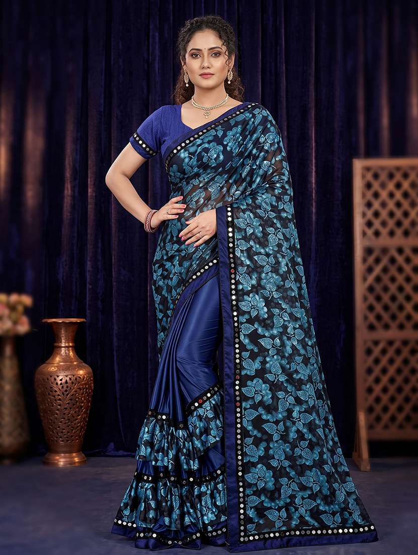 women's self design blue colored saree with blouse