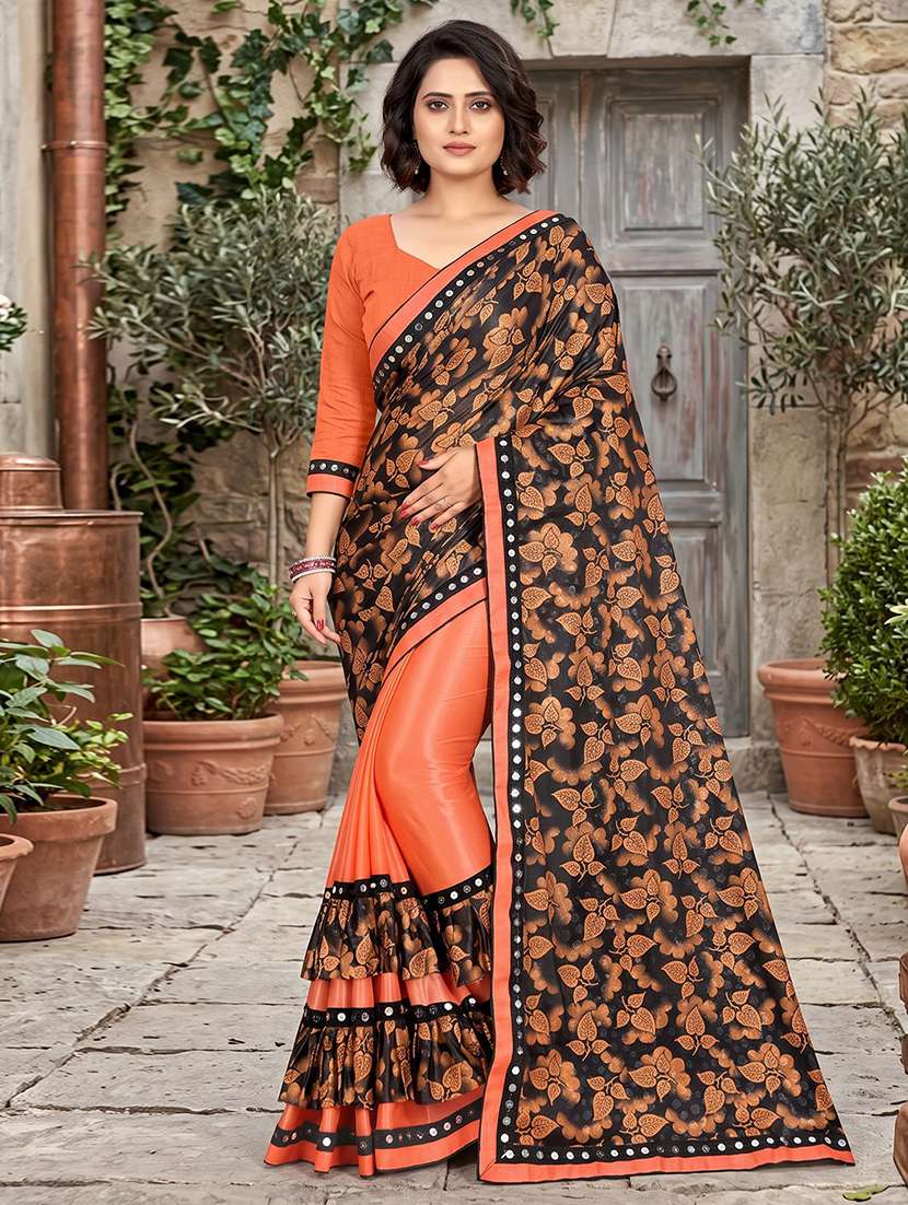 women's self design orange colored saree with blouse