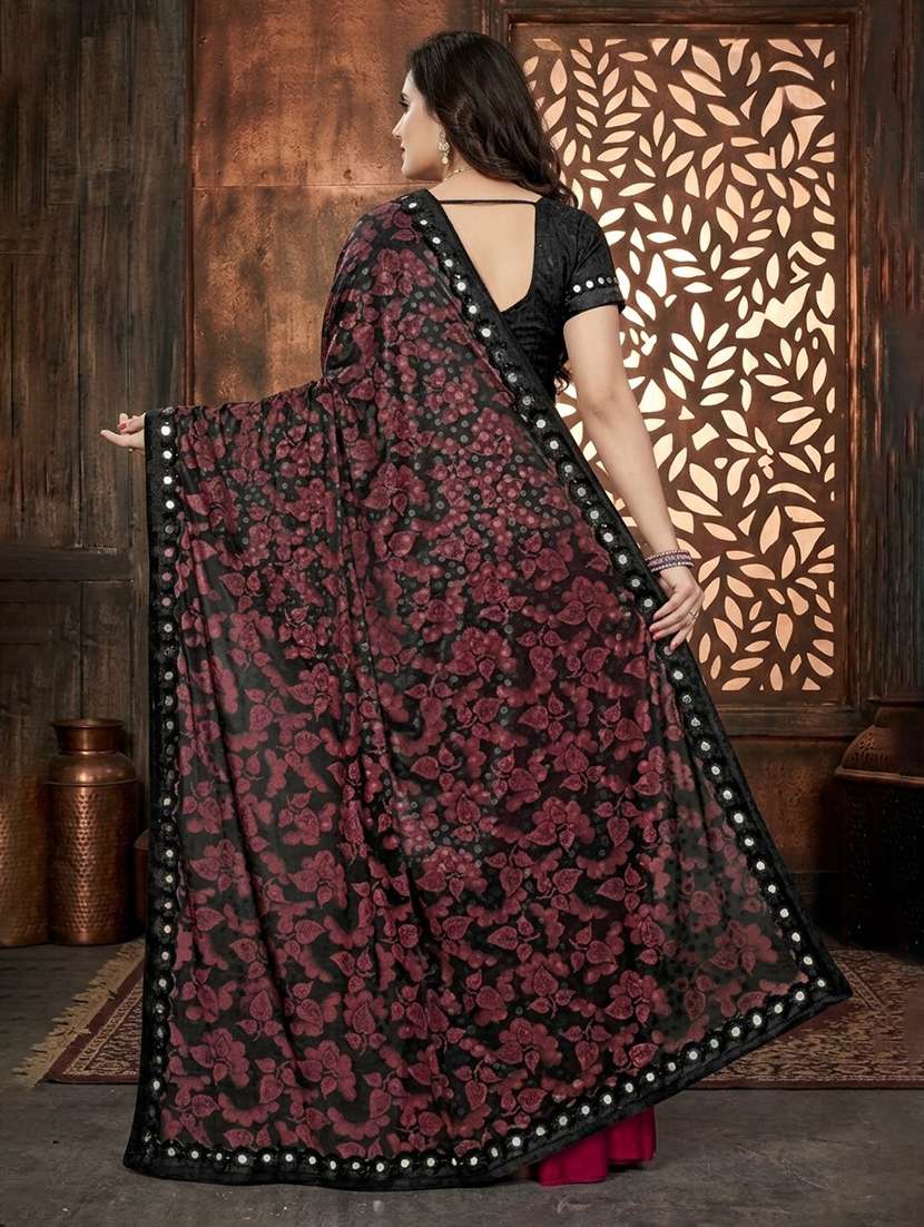 women's floral maroon colored saree with blouse - 20183827 -  Standard Image - 3