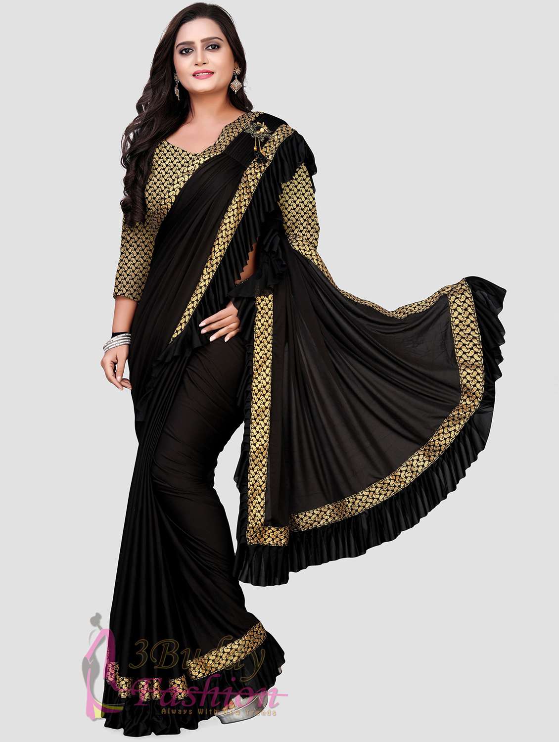 women's bordered black colored saree with blouse