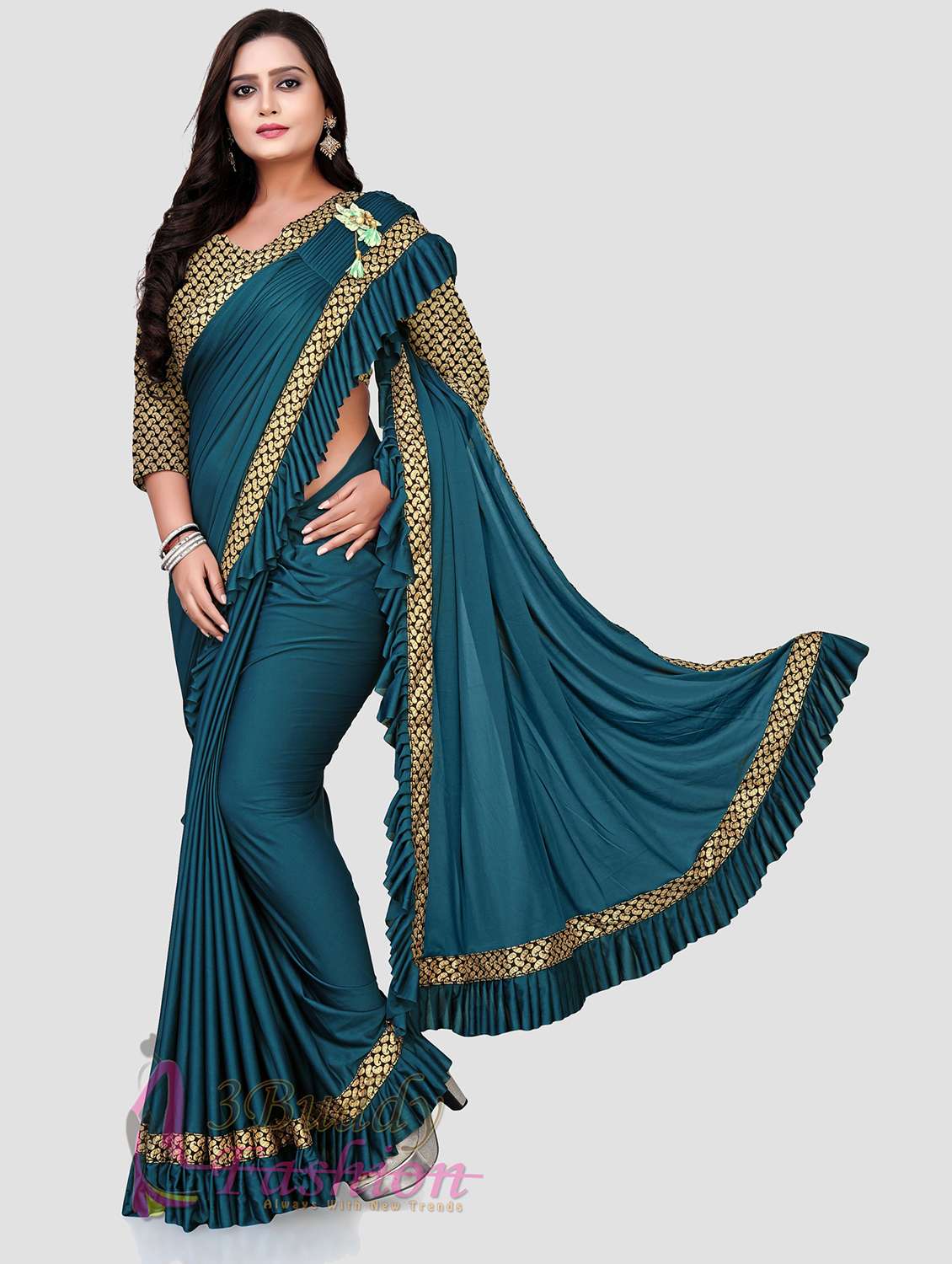women's bordered royal blue colored saree with blouse
