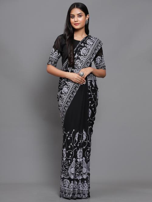 black self design embroidered saree with blouse - 20183867 - Standard Image - 0