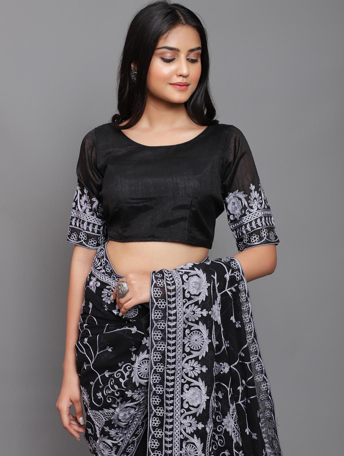 black self design embroidered saree with blouse - 20183867 - Standard Image - 3