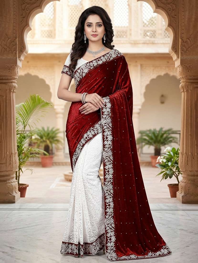 women maroon half & half saree with blouse