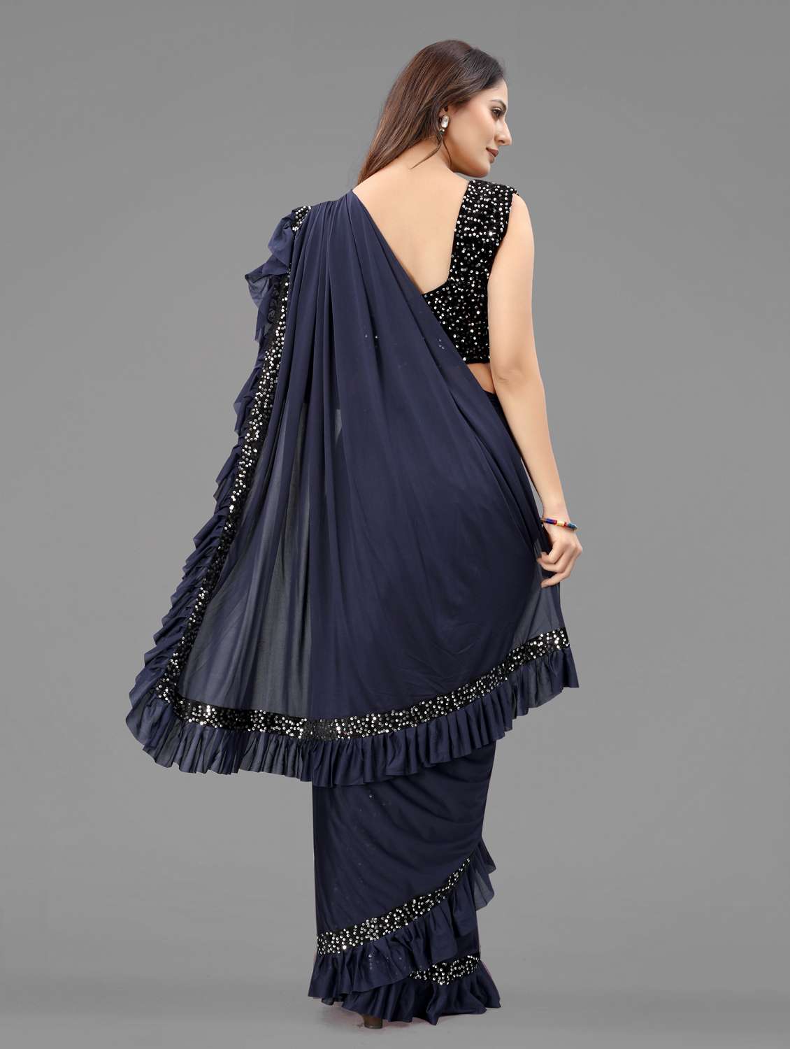 women's solid with work navy blue colored saree with blouse - 20183894 -  Standard Image - 3