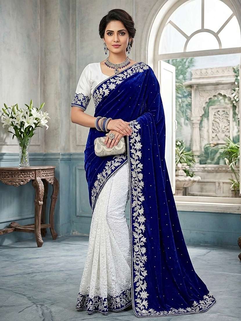 women's blue velvet and brasso half-half saree with blouse piece