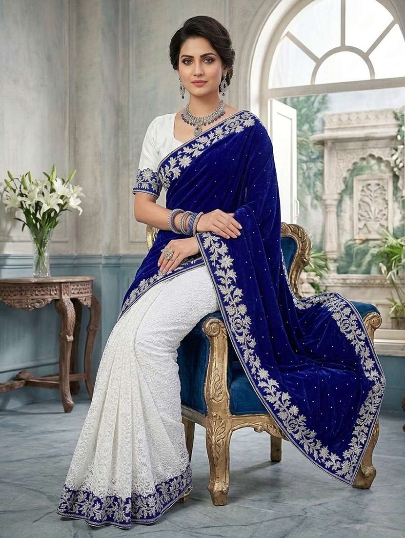 women's blue velvet and brasso half-half saree with blouse piece - 20183909 -  Standard Image - 3