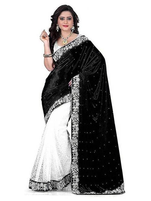 black self design velvet saree with blouse - 20183914 - Standard Image - 0