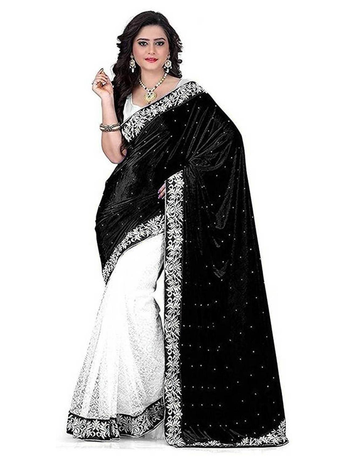 black self design velvet saree with blouse - 20183914 - Zoom Image - 0