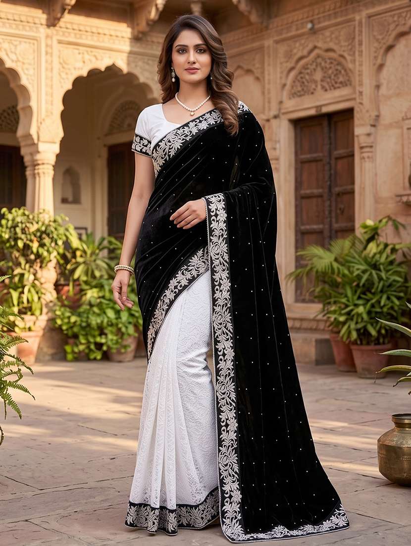black self design velvet saree with blouse