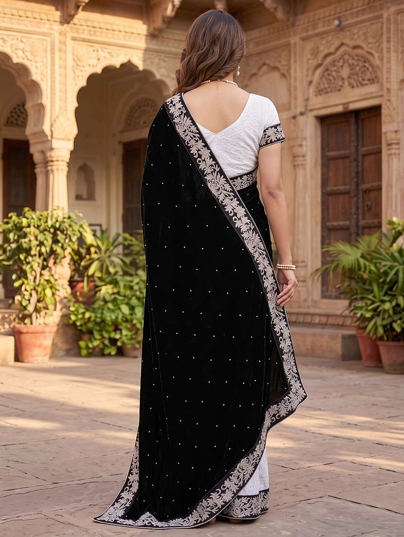 Black Self Design Velvet Saree With Blouse - 20183914 -  Standard Image - 3