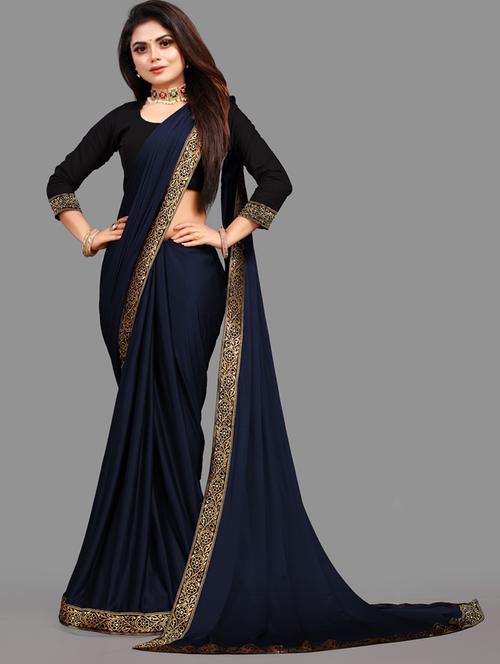 dark blue solid with bordered saree with blouse - 20183970 -  Standard Image - 0