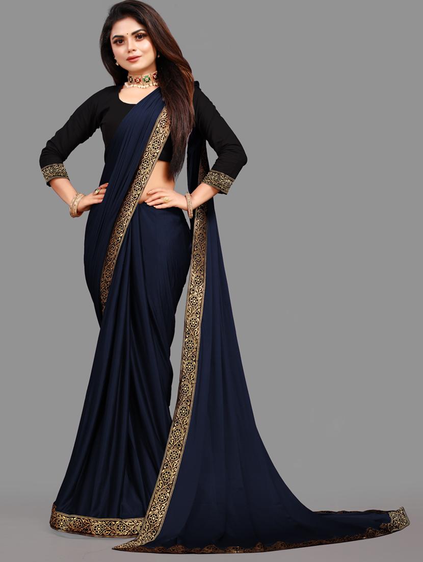 dark blue solid with bordered saree with blouse - 20183970 -  Zoom Image - 0