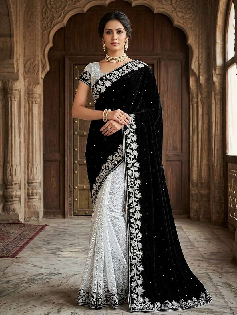 women's black velvet and brasso half-half saree with blouse piece